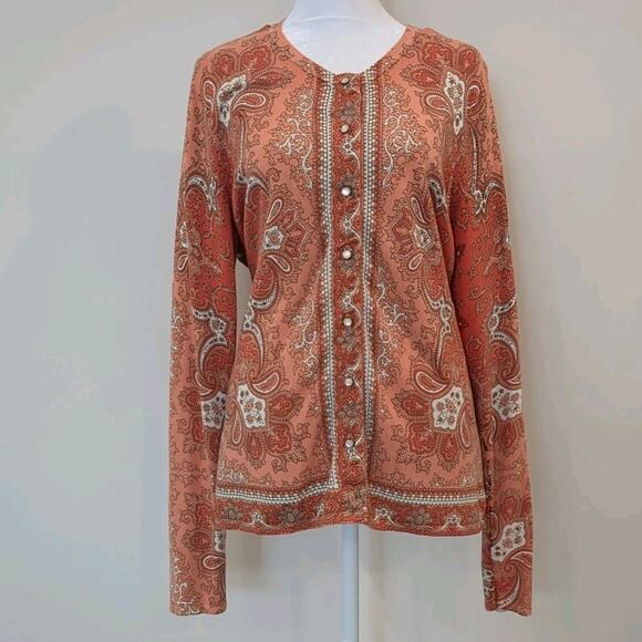 J. McLaughlin Orange Red Patterned Women's XL Lightweight Cotton Cardigan Preppy - Picture 1 of 13